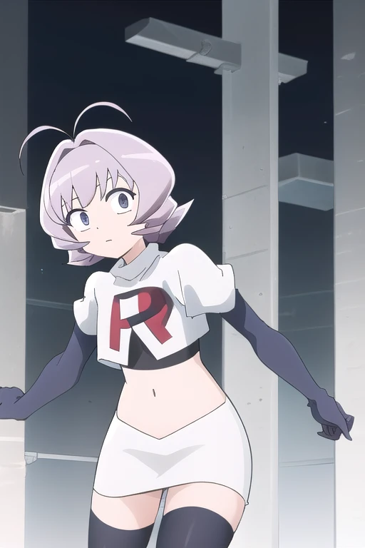 masterpiece, absurdres,male focus, trap, crossdressing,1boy,ON, solo, looking at viewer, team rocket,team rocket uniform,white skirt,red letter R,crop top,black thigh-highs,black elbow gloves, , perfect quality, good quality, masterpiece, HDR, UHD