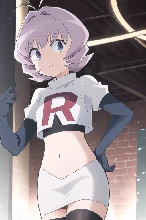 masterpiece, absurdres,male focus, trap, crossdressing,1boy,ON, solo, looking at viewer, team rocket,team rocket uniform,white skirt,red letter R,crop top,black thigh-highs,black elbow gloves, , perfect quality, good quality, masterpiece, HDR, UHD 