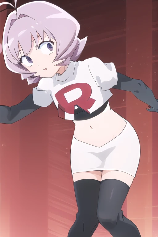 masterpiece, absurdres,male focus, trap, crossdressing,1boy,ON, solo, looking at viewer, team rocket,team rocket uniform,white skirt,red letter R,crop top,black thigh-highs,black elbow gloves, , perfect quality, good quality, masterpiece, HDR, UHD