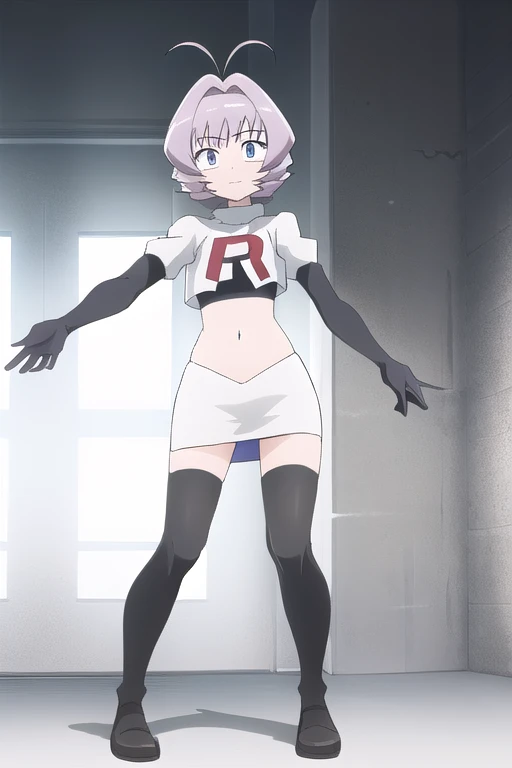 masterpiece, absurdres,male focus, trap, crossdressing,1boy,ON, solo, looking at viewer, team rocket,team rocket uniform,white skirt,red letter R,crop top,black thigh-highs,black elbow gloves, , perfect quality, good quality, masterpiece, HDR, UHD