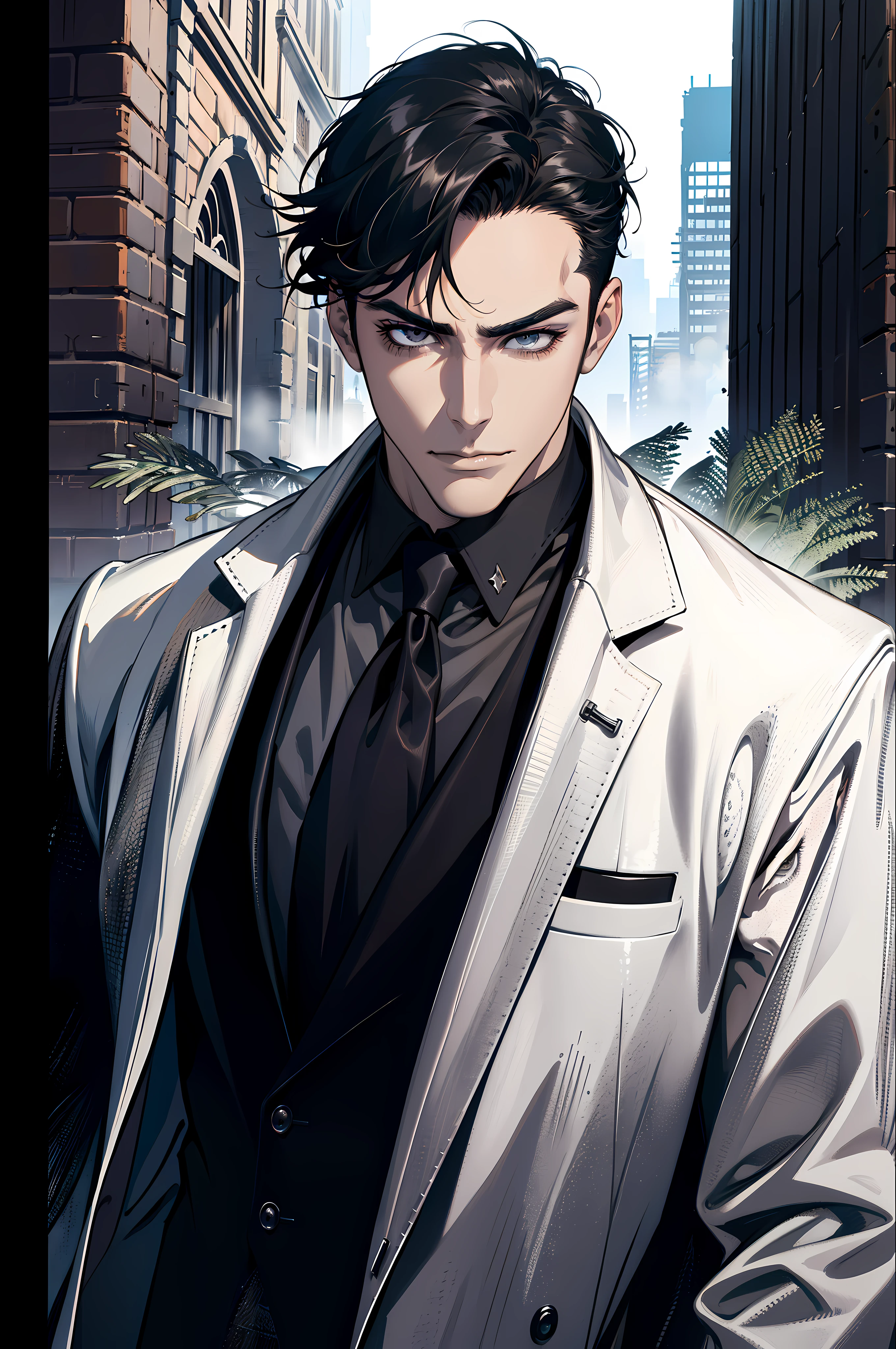 (masterpiece, best quality), (absurd res, high res, ultra detailed), 1 male, adult, handsome, tall muscular guy, broad shoulders, black hair, stubble, finely detailed eyes, grey eyes, portrait, looking at viewer, solo, half shot, detailed background, detailed face, (gothic), smirk, vampire, dark leather, high fantasy,, stealth, undercover, (crates in background), shadows, fog, (dutch angle), closed mouth, full body