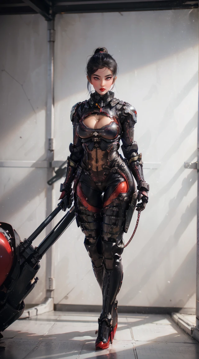 (1 Girl,Solitary:2), (Super detailed face), (( (Sagging breasts、Cleavage, cleveage、Thick thighs)), Perfect body, )), (Cleavage上衣:1.5), (11-wire ABS female:1.4), (Mechanical arm guards:1.4), ((Wearing red mecha overwatch shiny armor suit short top, Black Mecha Skinny Suit Pants, Mechanical arm guardsOR LEGS, High heel:1.5)), (Full figure:1.3), (glowing skin:0.8), (Long legs, whole body:1.1), (Looking at the audience:1.3), (Female focus:0.886), (Walking the corridors of the future space station:1), (bright white room:1.3), Super texture, Unreal Engine Rendering, Physically Based Rendering, Ultra HD, 16K, 1080p.