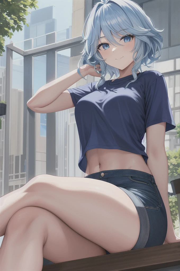 masterpiece, best quality, ultra-detailed), focalors \(genshin impact\), (blue sea hair), swept bangs, braid, braided bangs, blue eyes, blue eyes,
(wearing a t-shirt:1.2), sitting on a chair outside of caf, embracing the natural beauty, sunlight, beautiful cloudy sky, city, street, denim shorts, black stocking,
medium breasts, thick thighs, critical angle, cowboy shot, arm behind head, arm behind back, armpits, light smile, crop top, strong and seductive expressions,Sitting with legs spread,