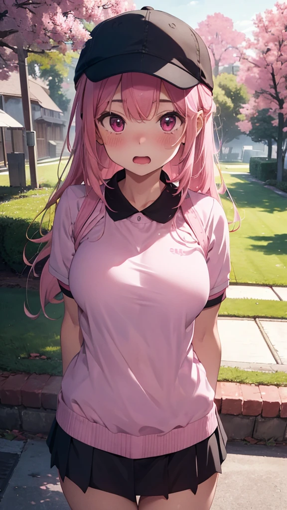 mastute piece,Best Quality,insanely detailed,8k cg,
shoot upper body,
1woman,18age,standing,body in front,looking at viewer,(pink-golf-wear,golf cap),break,
blush,shy,(trembling:1.2),pink hair,break,open mouth,large breast,golf course,