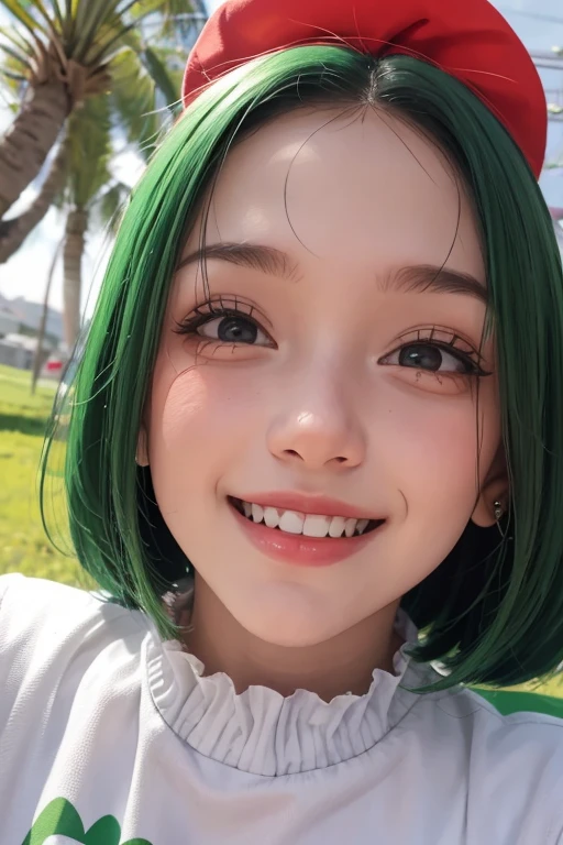 Clown Girl, cabelo verde, rosto branco maquiada, nariz vermelho, sorridente