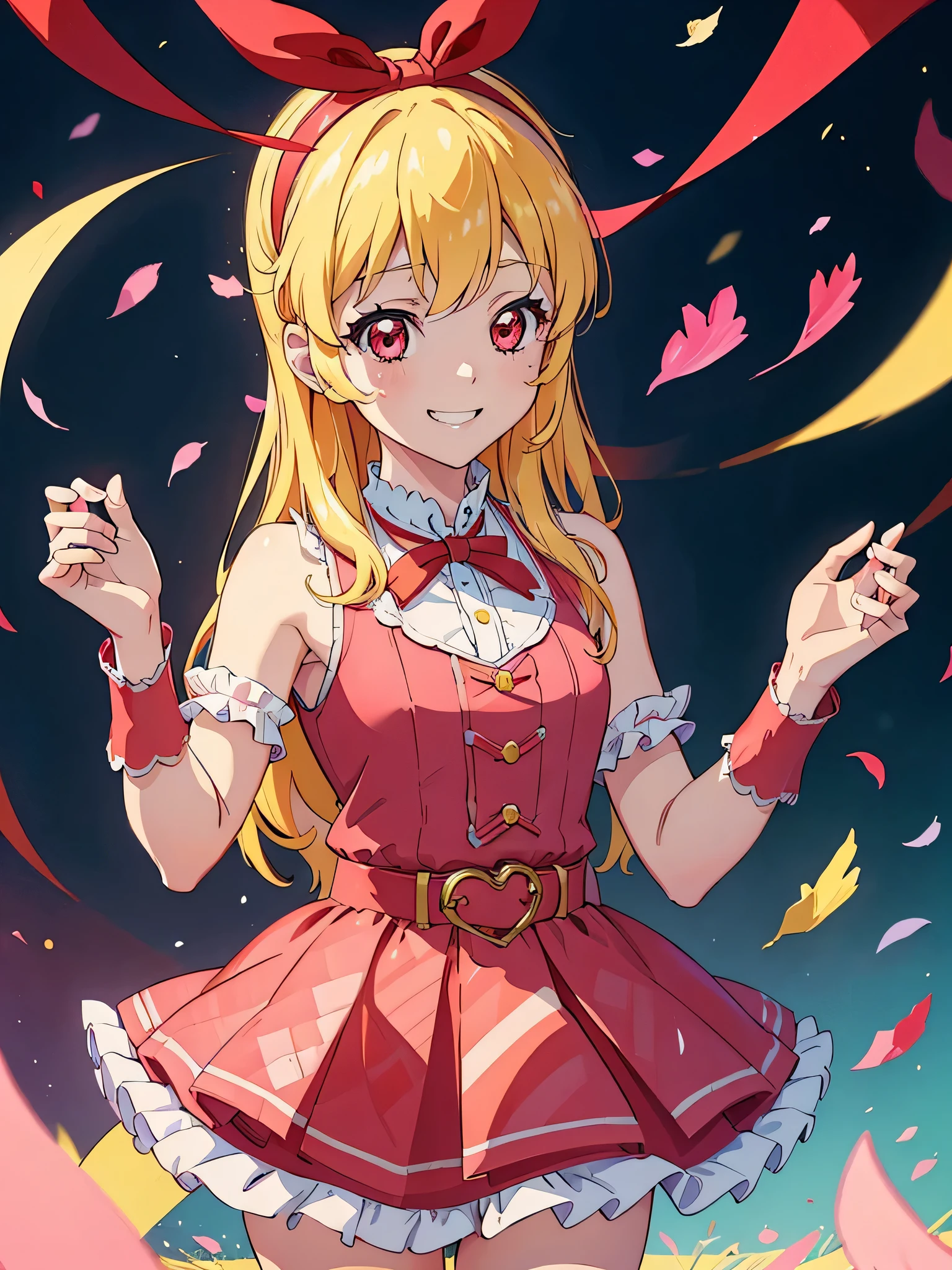 (red ribbon on hairband:1.2),(8K, best quality, muste piece:1.2)、ultra high resolution,1 very cute girl,hosimiya ichigo,ultra-detailed face, detailed eyes,RED eyes,smile, grin, happy,,masterpiece, best quality, extremely detailed, 1 girl,pink Super ultimate idol, pink Super ultimate idol costume, live stage, confetti1 girl,