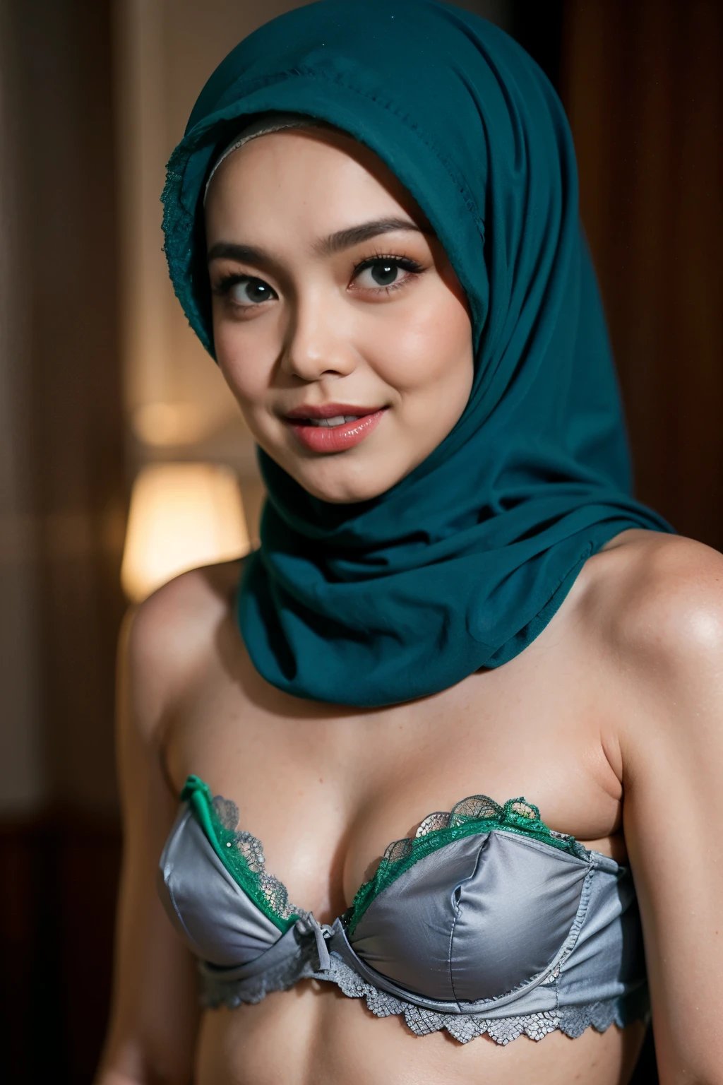 (from behind up) seductive pose, ((Flat Chest:1.2)), (Happy smile), (((HIJAB MALAY GIRL))), masutepiece, High quality, UHD 32K, Realistic face, Realistic skin feeling , A Japanese Lady, 58 years old matured lady, , Very cute and baby-like face, (((FLAT CHEST))), (Night time at forest), ((look In front at the camera and SADNESS)), (((GREEN FLUORESCENT & GREEN FLUORESCENT))), (((CUTE GIRL))), ((GREY FLUORESCENT LIPS)), ((Floral Pattern)) little ((wearing pastel lace strapless bra)), dark night background , black forest night, horror scary place,