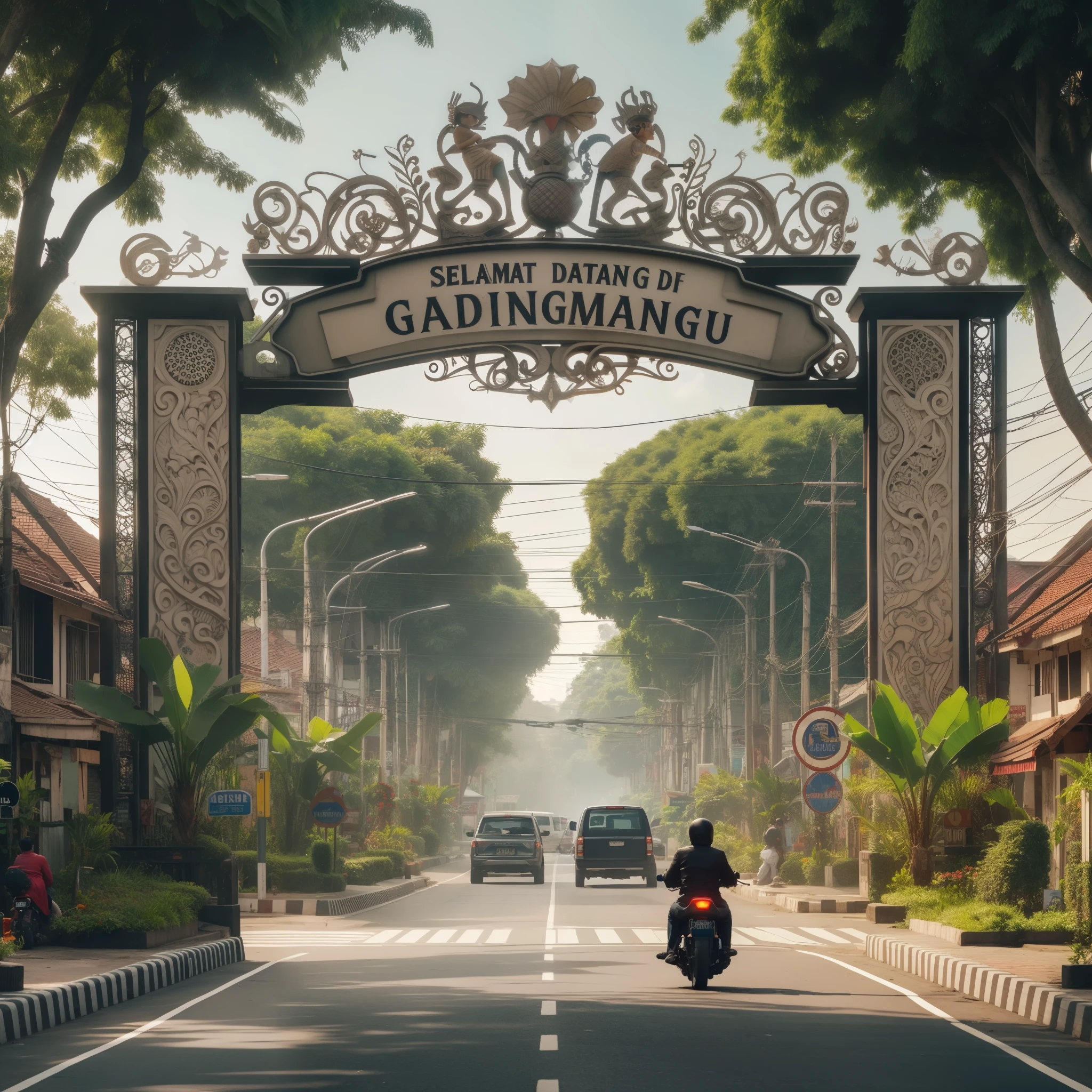 there is a man riding a motorcycle down the street under a sign, inspired by Rudy Siswanto, by Rudy Siswanto, style of ade santora, indonesia, 3 d render and matte painting, game cg, by Abidin Dino, indonesia national geographic, official artwork, opening scene, random background scene, jakarta, town background, south jakarta