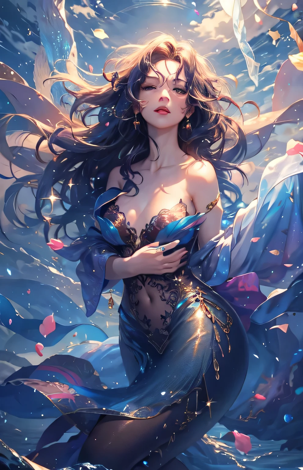 ((highest quality)), ((masterpiece)), (Get used to it), Perfect Face , beautiful girl , mermaid , Mid-chest , Long and beautiful hair ,
