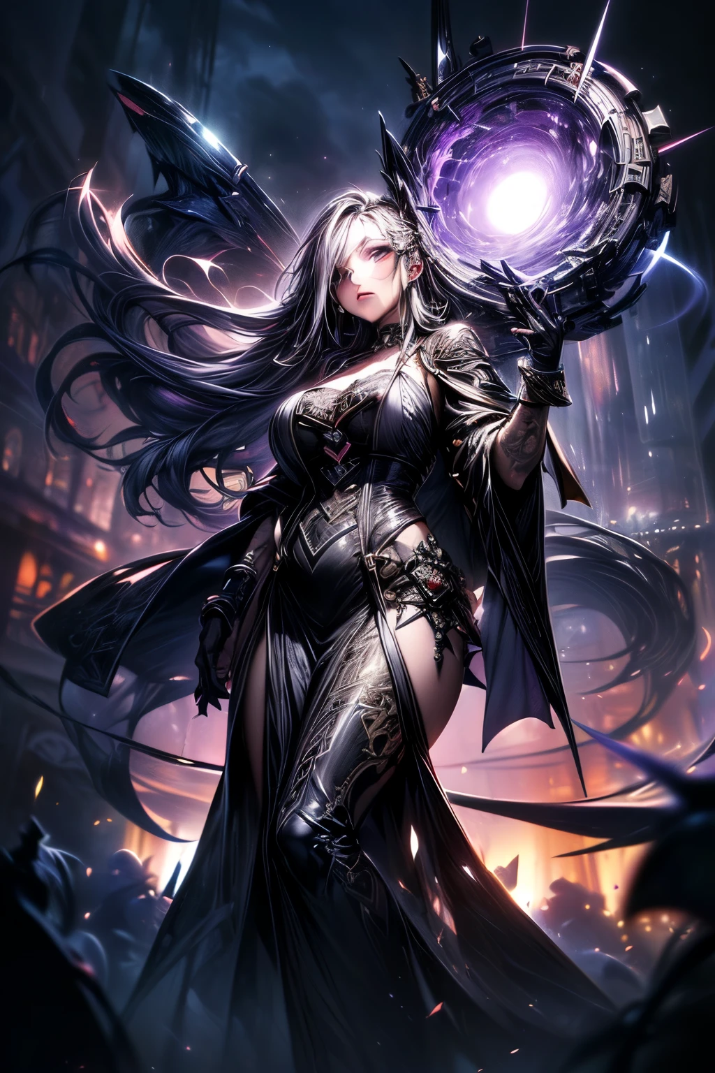 ((((masterpiece, highest quality, Super detailed, very_expensive_solve, big_file size, Full Color)))), ((((Modern stressful society)))), abstract illustration, CG, Dark worldview, Fantasy World, Big black vortex, darkness魔法, Wizard, （darkness）, Magical Vortex, ((Purple Magic)), Gothic Girl Costume, 