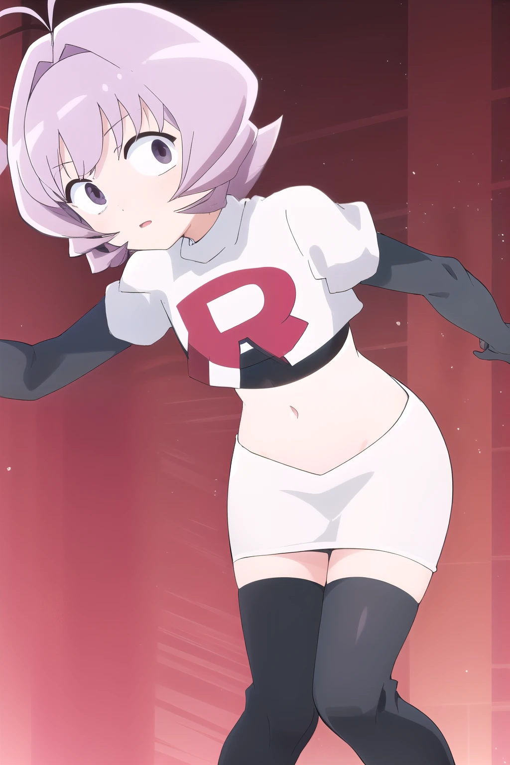 masterpiece, absurdres,male focus, trap, crossdressing,1boy,ON, solo, looking at viewer, team rocket,team rocket uniform,white skirt,red letter R,crop top,black thigh-highs,black elbow gloves, , perfect quality, good quality, masterpiece, HDR, UHD