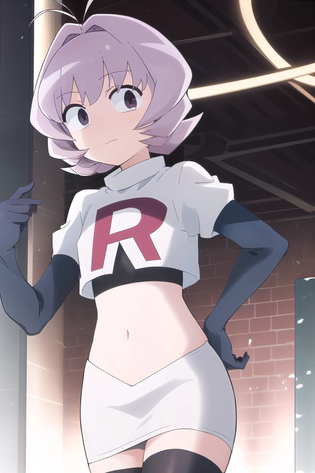 masterpiece, absurdres,male focus, trap, crossdressing,1boy,ON, solo, looking at viewer, team rocket,team rocket uniform,white skirt,red letter R,crop top,black thigh-highs,black elbow gloves, , perfect quality, good quality, masterpiece, HDR, UHD 