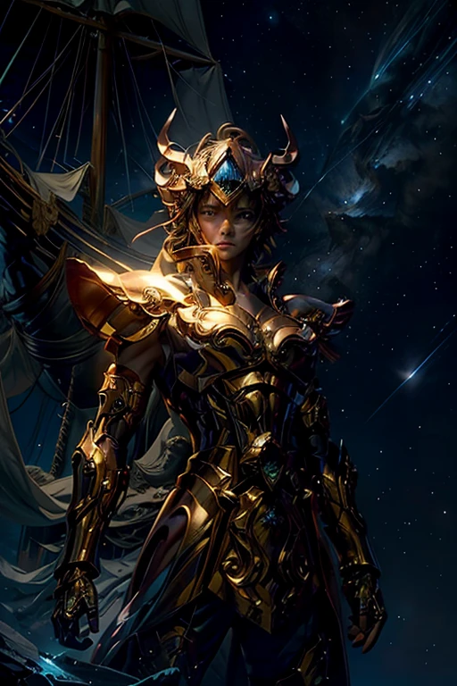 Generate an image "Captain of the Soul," Standing proudly on the deck of a majestic ship、A charismatic and enigmatic figure, A fantastic ship sailing silently through the star-studded night sky. The hull of the ship、It seems to dance and pulsate with an otherworldly energy.、Glowing with bioluminescent runes and symbols。. The billowing sails catch the wind of heaven, It swells with an otherworldly brilliance.、Crackling.

captain, With a wise and determined gaze, Her outfit seamlessly blends elements of ancient wisdom and futuristic technology.. Their robes are、