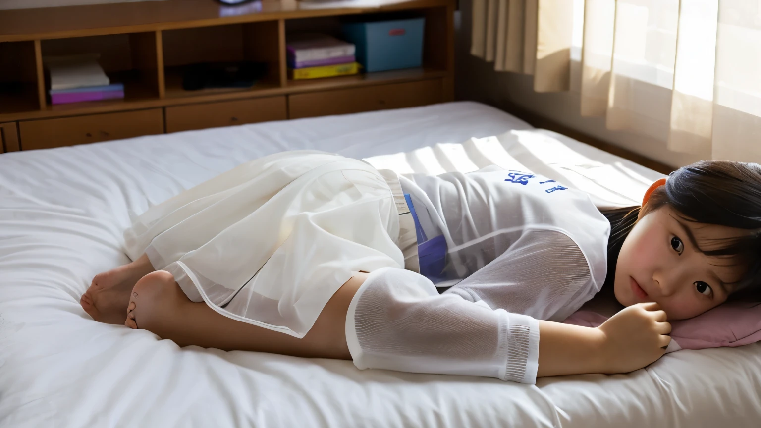 An  wearing see-through clothes lies on a bed with her legs spread apart