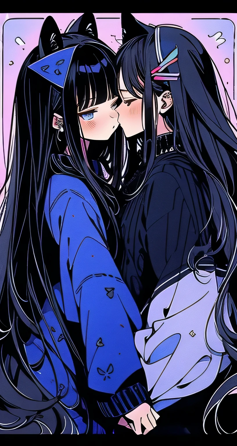 Beautiful youth, Black Hair, Long Hair, Blue sweater, Black cat with blue ribbon, Right before the kiss, Cute and stylish room,high quality, Withdraw amount, Pixiv illustration, Japanese anime, clear line drawing, Transparent watercolor, Clear shading