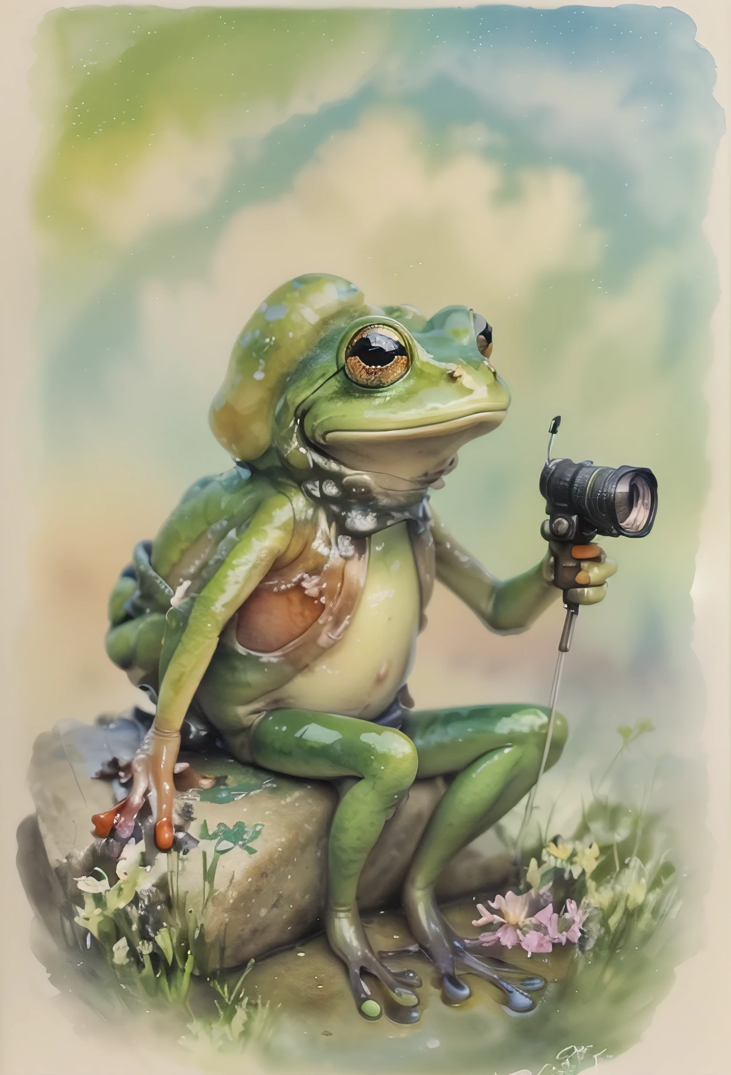 watercolor drawing, frog photographer, A beautiful green frog with four on a huge stone next to a large camera lies on a flower meadow in the morning sky with splashes of glowing water.,Magnetic storms, early morning, glowing sky, green frog on a huge stone with a camera lying nearby, Jean-Baptiste Monge, anthropomorphic --ar 2:3 --testp - optimistic; macro photography