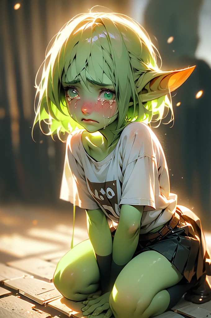 90 centimeters tall, goblin girl, pale green skin, small starved frame, dirty, sad expression, extremely short hair. Wearing only an extremely short ragged skirt and ragged t-shirt. Scene: on her knees on the ground crying.