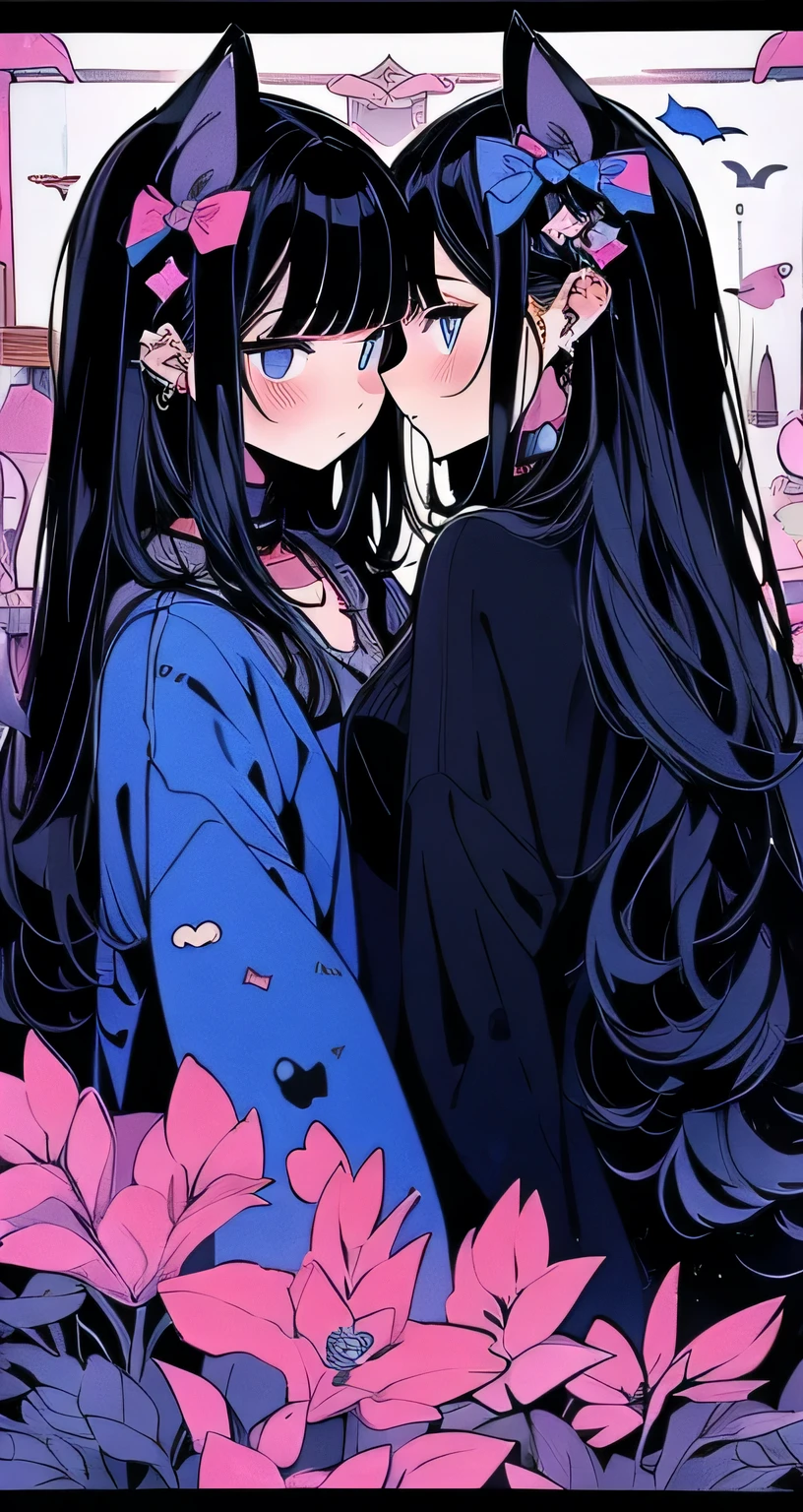 Beautiful youth, Black Hair, Long Hair, Blue sweater, Black cat with blue ribbon, Right before the kiss, Cute and stylish room,high quality, Withdraw amount, Pixiv illustration, Japanese anime, clear line drawing, Transparent watercolor, Clear shading