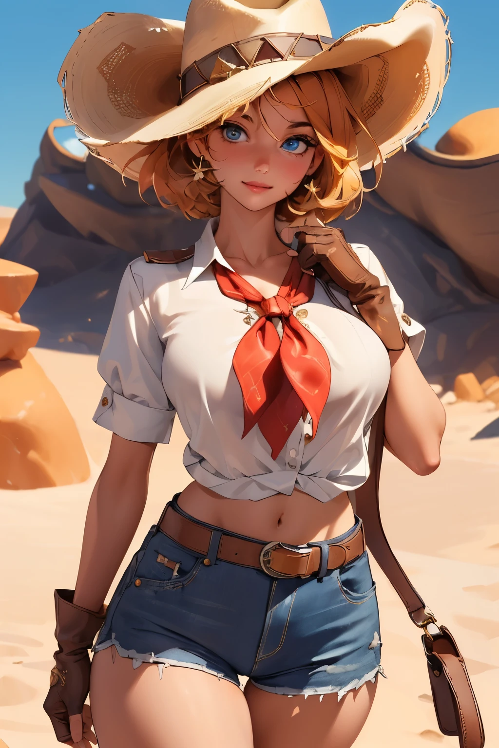 (((((solo))))),(((((masterpiece))))), (((((best quality))))),(((((highly detailed))))), finely detailed, Depth of field, crisp detail, detailed clothes, highres,
1girl, bangs, (beautiful detailed face:1.3), collarbone, collared shirt, ((white shirt)), shirt half open, buttons undone, no bra, several buttons open to show cleavage, show belly, blue eyes, blonde hair, cleavage, ((cowboy)), (cowboy hat:1.3), short gloves. fingerless gloves, hat, medium breasts, navel, neckerchief, red neckerchief, short hair, short shorts, daisy dukes, healthy thighs, gun belt ,cowboy western, sunny desert background, thigh gap, slender knees