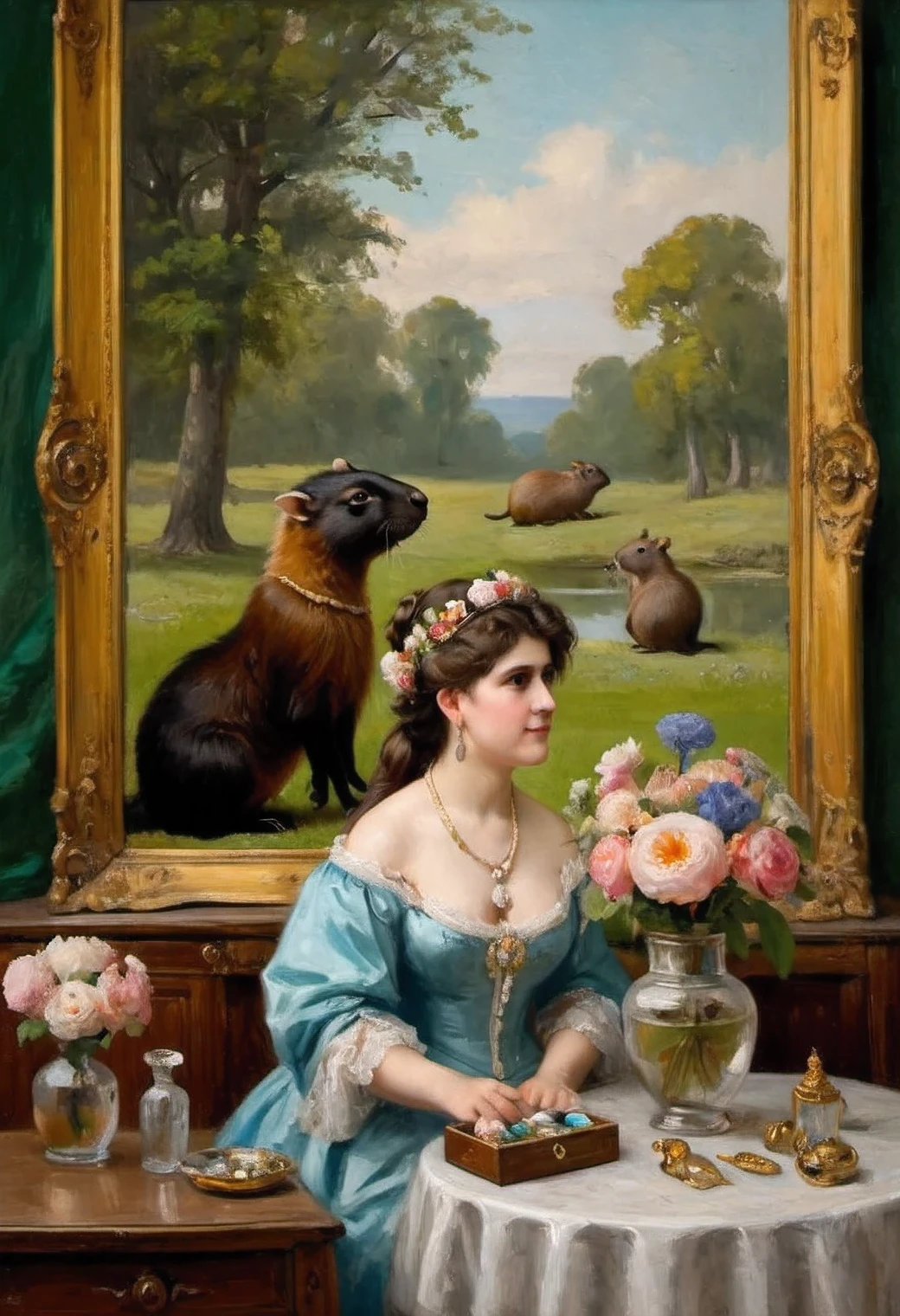 The painting of Auguste Toulmouche Capybara in a magnificent antique dress looks into a large mirror, dressing table, antique vials, bouquet of flowers, oil on canvas, full compliance with the style of Auguste Toulmouche