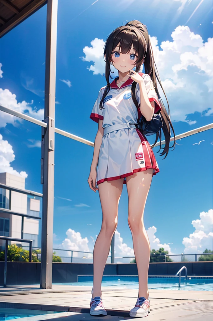 ((4k、8k、top-quality、Perfect Finger:1.3、Perfect Anatomy:1.3、Blur the background))、((a junior high school student、14years、Small breasts))、(twogirls、The first one has straight long hair、The second person has ponytail hair)、a smile、(swim wears)、Full body depiction、zoomout、in poolside、