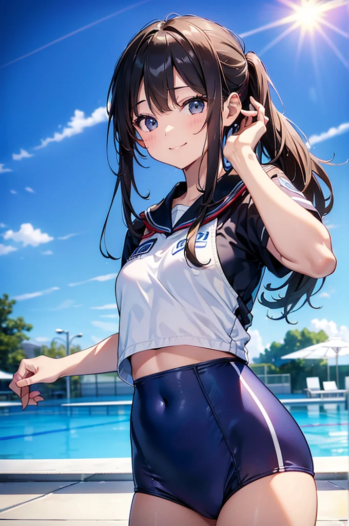 ((4k、8k、top-quality、Perfect Finger:1.3、Perfect Anatomy:1.3、Blur the background))、((a 、14years、Small breasts))、(trls、The first one has straight long hair、The second person has ponytail hair)、a smile、(swim wears)、Full body depiction、zoomout、in poolside、