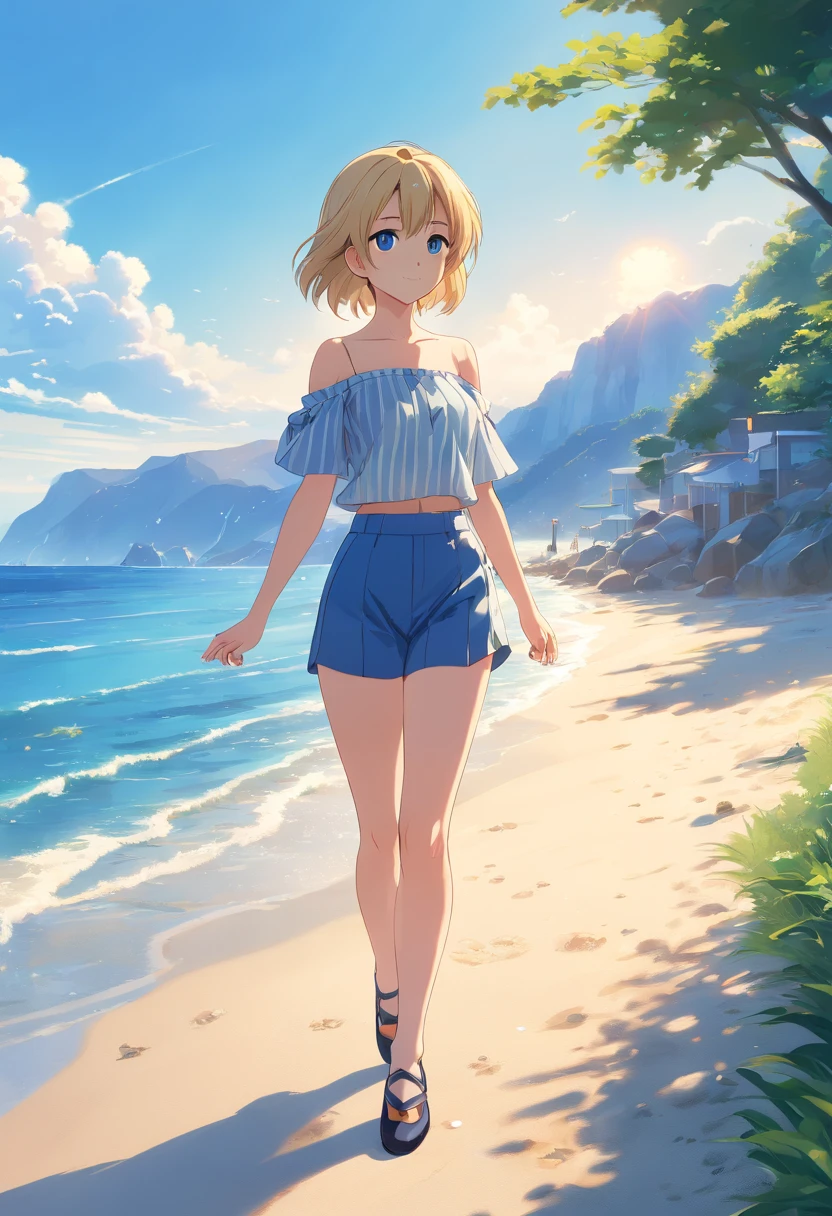(best quality,4k,8k,highres,masterpiece:1.2),ubtract, enjoying nature,summer happiness,beautiful seaside view,sunshine,crystal clear water,gentle waves,sandy beach,calm and peaceful atmosphere,serene expression,delicate features,blue eyes sparkling with joy,short blonde hair framing her face,natural beauty,elegant posture,stylish Capri pants,off-shoulder white top with blue stripes,highlighting her youthful charm,comfortable black ballerina shoes,perfect for beach strolls,blending harmony with the surroundings,scenic landscape,vibrant colors and tones,soft warm sunlight illuminating the scene,creating a dreamy and idyllic ambiance.