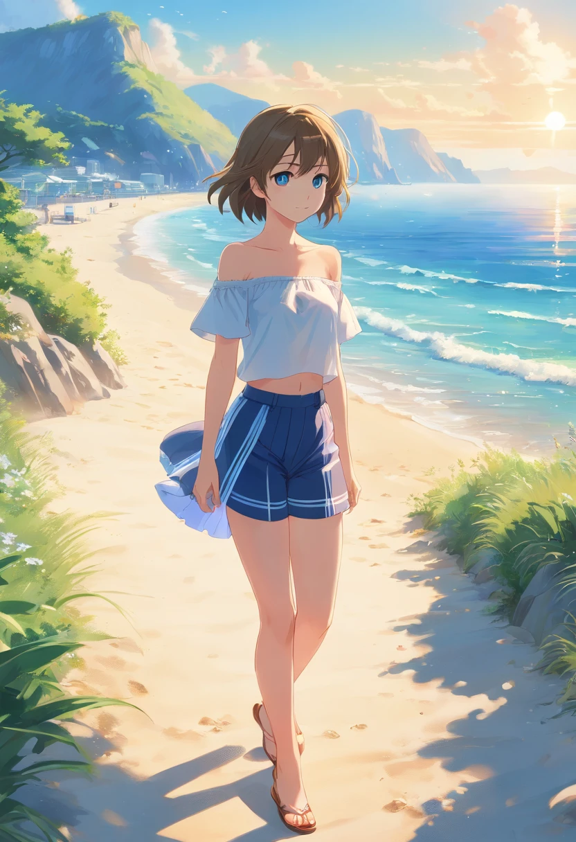 (best quality,4k,8k,highres,masterpiece:1.2),ubtract, enjoying nature,summer happiness,beautiful seaside view,sunshine,crystal clear water,gentle waves,sandy beach,calm and peaceful atmosphere,serene expression,delicate features,blue eyes sparkling with joy,short blonde hair framing her face,natural beauty,elegant posture,stylish Capri pants,off-shoulder white top with blue stripes,highlighting her youthful charm,comfortable black ballerina shoes,perfect for beach strolls,blending harmony with the surroundings,scenic landscape,vibrant colors and tones,soft warm sunlight illuminating the scene,creating a dreamy and idyllic ambiance.