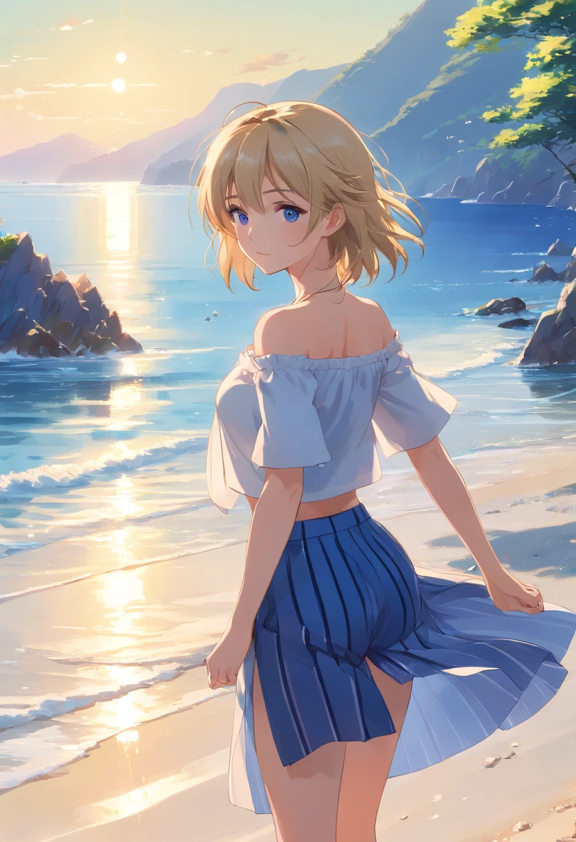 (best quality,4k,8k,highres,masterpiece:1.2),ubtract, enjoying nature,summer happiness,beautiful seaside view,sunshine,crystal clear water,gentle waves,sandy beach,calm and peaceful atmosphere,serene expression,delicate features,blue eyes sparkling with joy,short blonde hair framing her face,natural beauty,elegant posture,stylish Capri pants,off-shoulder white top with blue stripes,highlighting her youthful charm,comfortable black ballerina shoes,perfect for beach strolls,blending harmony with the surroundings,scenic landscape,vibrant colors and tones,soft warm sunlight illuminating the scene,creating a dreamy and idyllic ambiance.