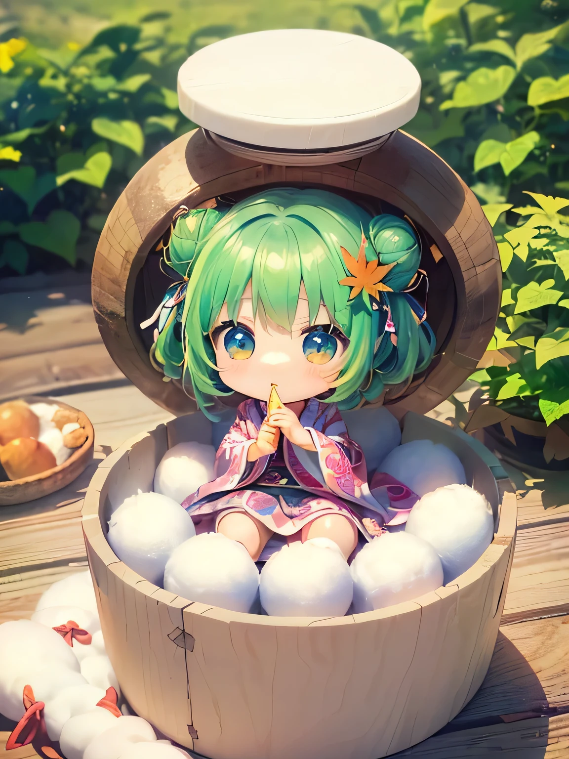 (((Two-headed Chibi Character with a surprised expression)))、(((Together with the personified Chibi Character of Azuki)))、(((Green bun hair Chibi character in a bowl)))、Increase saturation、Early spring scenery in a luxury Japanese garden、(((Chibi Character inside the container)))、(((Azuki's anthropomorphized Chibi Character and Yomogi's anthropomorphized Chibi Character)))、(((Playing with a white healing character)))、((Chibi Character playing with a fluffy ball))、((Matchaを飲むChibi Character))、(((Chibi Characters in luxurious containers, perfect for the end of March)))、((Surprised expression))、(((Beautiful Japanese Garden)))、((Chibi Character inside the container))、((Chibi Character、Anthropomorphic Yomogi Chibi Character))、Mugwort manju character、Cute mugwort bun、Green Eyes、Healing Characters、((Green hair in a bun))、Matcha、((Delicate Japanese patterns and beautiful white color))、Delicate embroidery、Fine wrinkles、Delicate depiction、Containers with delicate patterns、(((Delicate Japanese patterned container)))、((There is also a Chibi Character, an anthropomorphized red bean with reddish-brown hair.))、Asian delicate patternasterpiece、Ultra HD、super high quality、Chibi Character in a beautiful container、Round characters in beautiful delicate containers、(((Chibi Character playing with a dark green ball)))、(((Leaves are not drawn)))、(((A round white stuffed toy painted on the outside of the container)))、Chibi Character wearing mugwort patterned clothes、