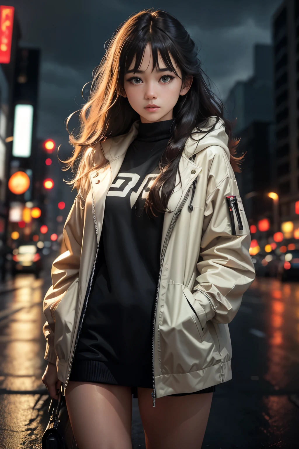 (8k Raw Photo,highest quality,Hyperrealistic:1.5,masterpiece:1.2), (Realistic, photo-Realistic:1.37), One girl, (J-Pop Idol) cute, clear amber eyes, Cityscape, rain, Wet Hair,Medium Hair,Wet clothes, Professional Lighting, Photon Mapping, Radio City, Physically Based Rendering, Drops dripping from my hair:1.2,