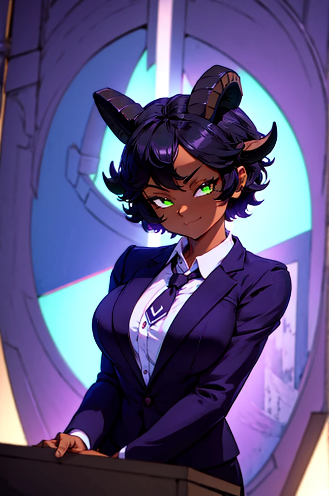 (Masterpiece) (High Detail) (High Res) (Black Skin) (Anime) (Full body picture) A beautiful young adult, black humanoid FutEred, dark skin, soft detailed face, detailed green eyes, short scruffy black hair, goat ears, short symmetrical black goat horns, looking smug at the camera, toned body, small to average breasts, wearing a suit and tie, purple undershirt, looking smug