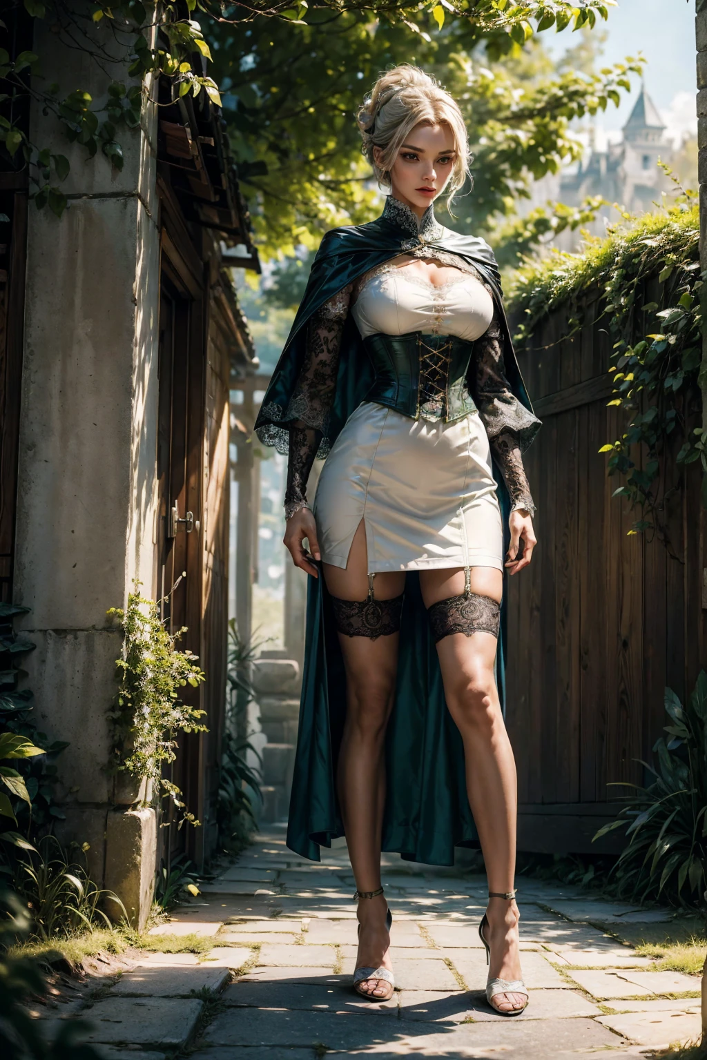 ((show full body from head to toe, standing, body facing to the viewer (show front body)). Tall body, fit body, slender body, medium breast. A female wizard wearing green and white clothes, long sleeves(lace sleeves), skirts, corset, cloak, robes, cape, gloves, stockings, show heels. short hair with updo. Masterpiece:1.5, illustration:1.1, best quality:1.5, fine detail, 4k, HDR, balance focused camera view, middle camera view, vertical scape camera, natural lighting, bright lighting, sunlight, sharp focus, smooth detail, HDR. Outdoor at a town