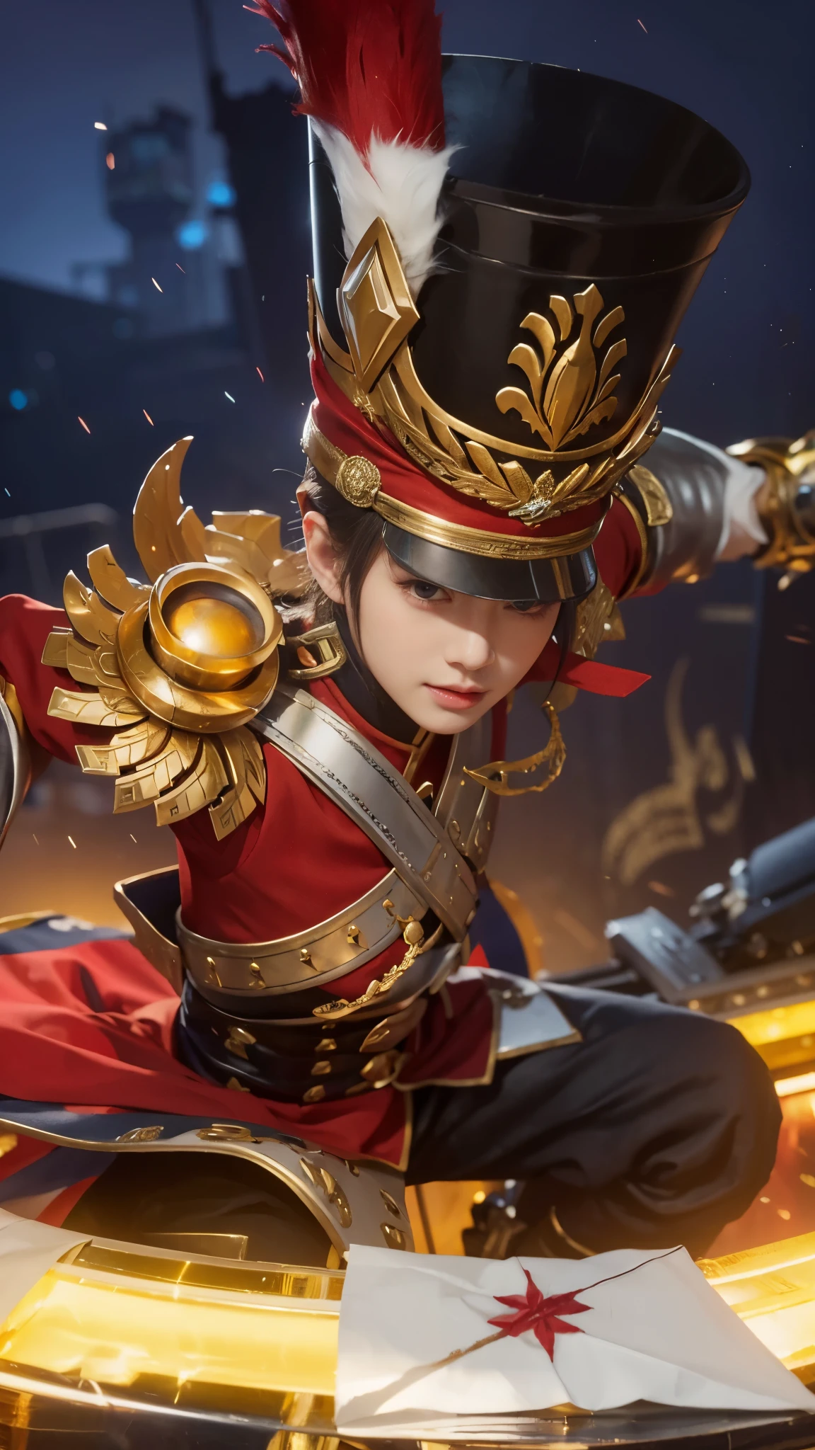 (a close up of a young boy in a uniform with a sword,mobile legends,dressed in shako, epic battle screen of hero,artgerm detailed,wearing long hat,blonde hair,looking at the audience,smiling) (best quality,4k,8k,highres,masterpiece:1.2),ultra-detailed,(realistic,photorealistic,photo-realistic:1.37),HDR,UHD,studio lighting,sharp focus,physically-based rendering,extreme detail description,professional,vivid colors,bokeh,portraits,landscape,horror,anime,sci-fi,photography,concept artists,metallic tones, dramatic lighting