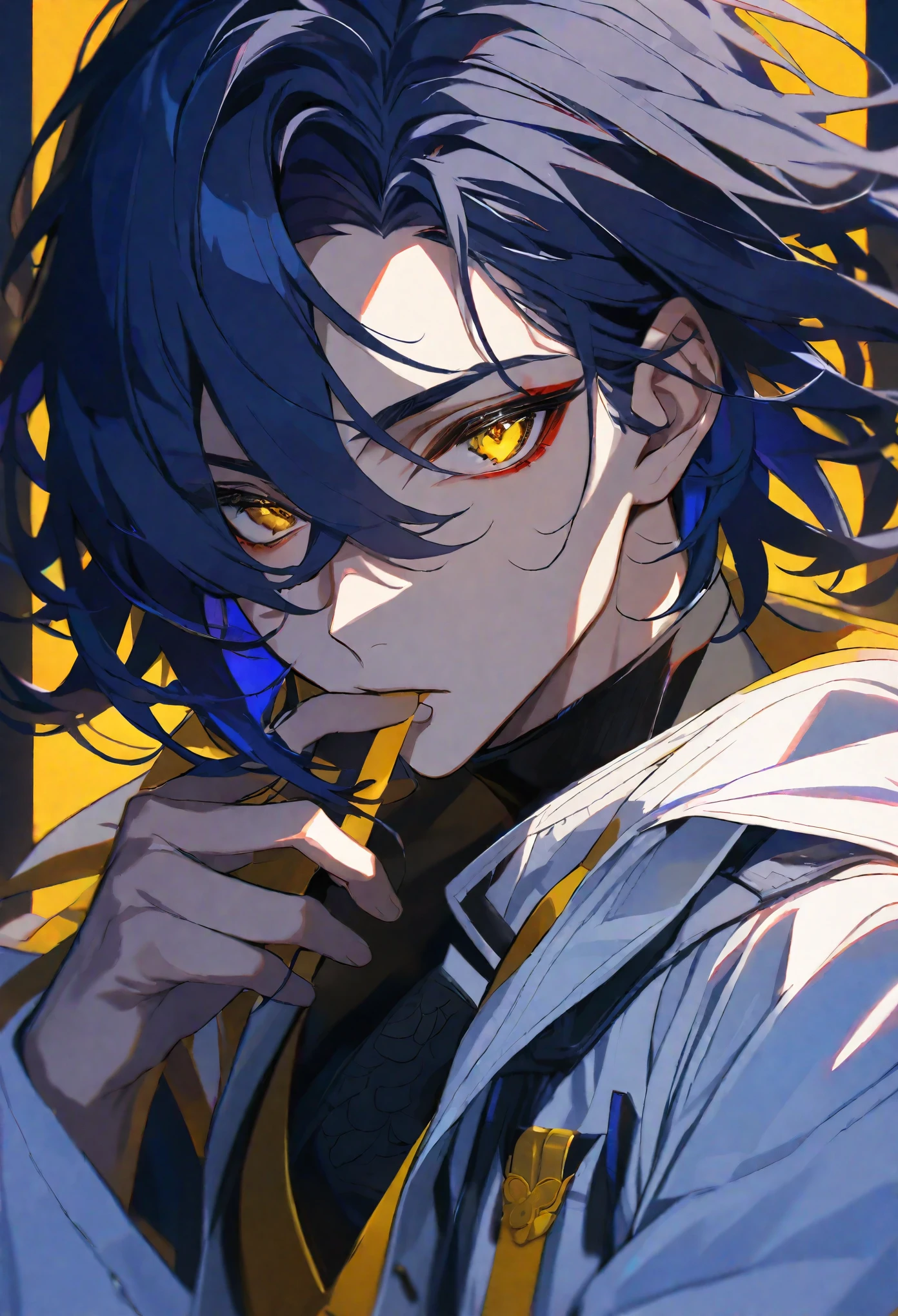 solo, handsome, 1 male, white coat, hush cut hair, dark blue hair, yellow eyes, black light, red water