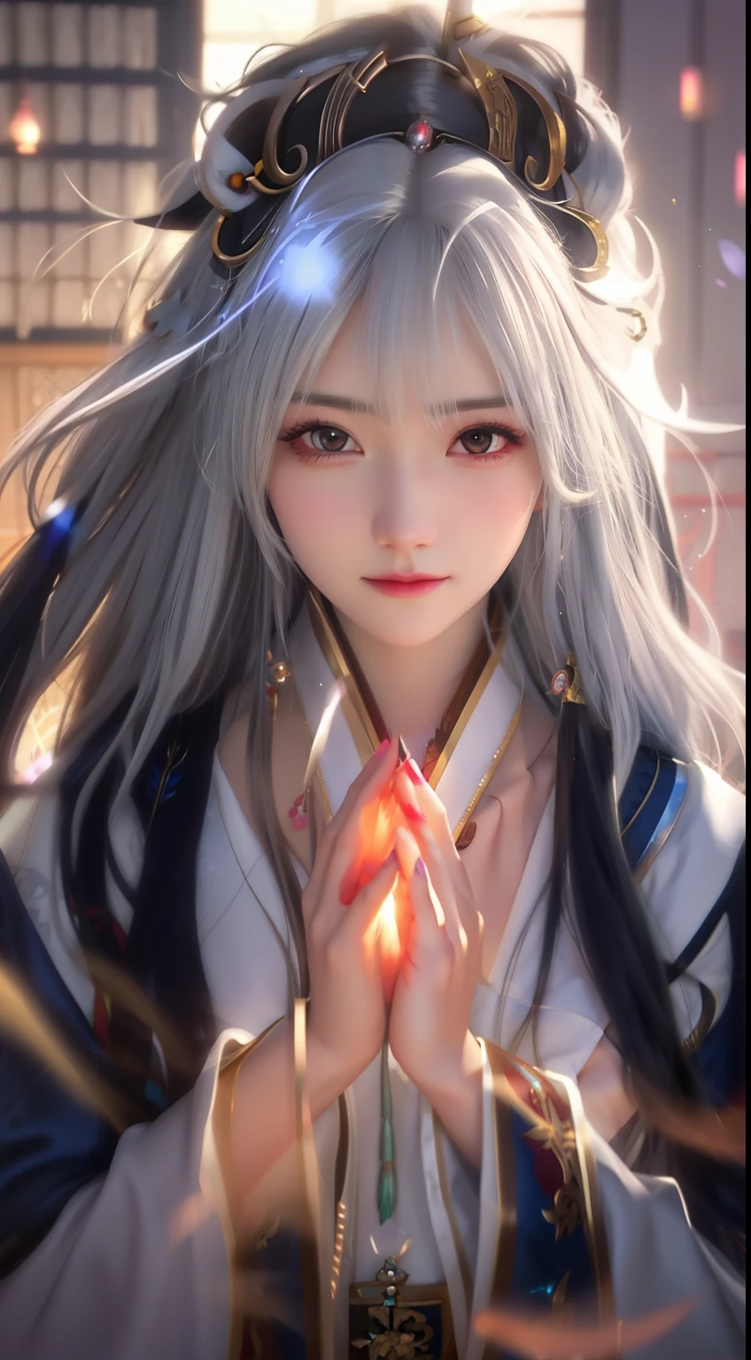 a close up of a woman with long hair and a white robe, white haired deity, artwork in the style of guweiz, guweiz, with white long hair, flowing hair and long robes, with long white hair, beautiful anime portrait, anime girl with long hair, white hime cut hairstyle, beautiful anime girl, beautiful anime woman, guweiz masterpiece, detailed realistic hands,