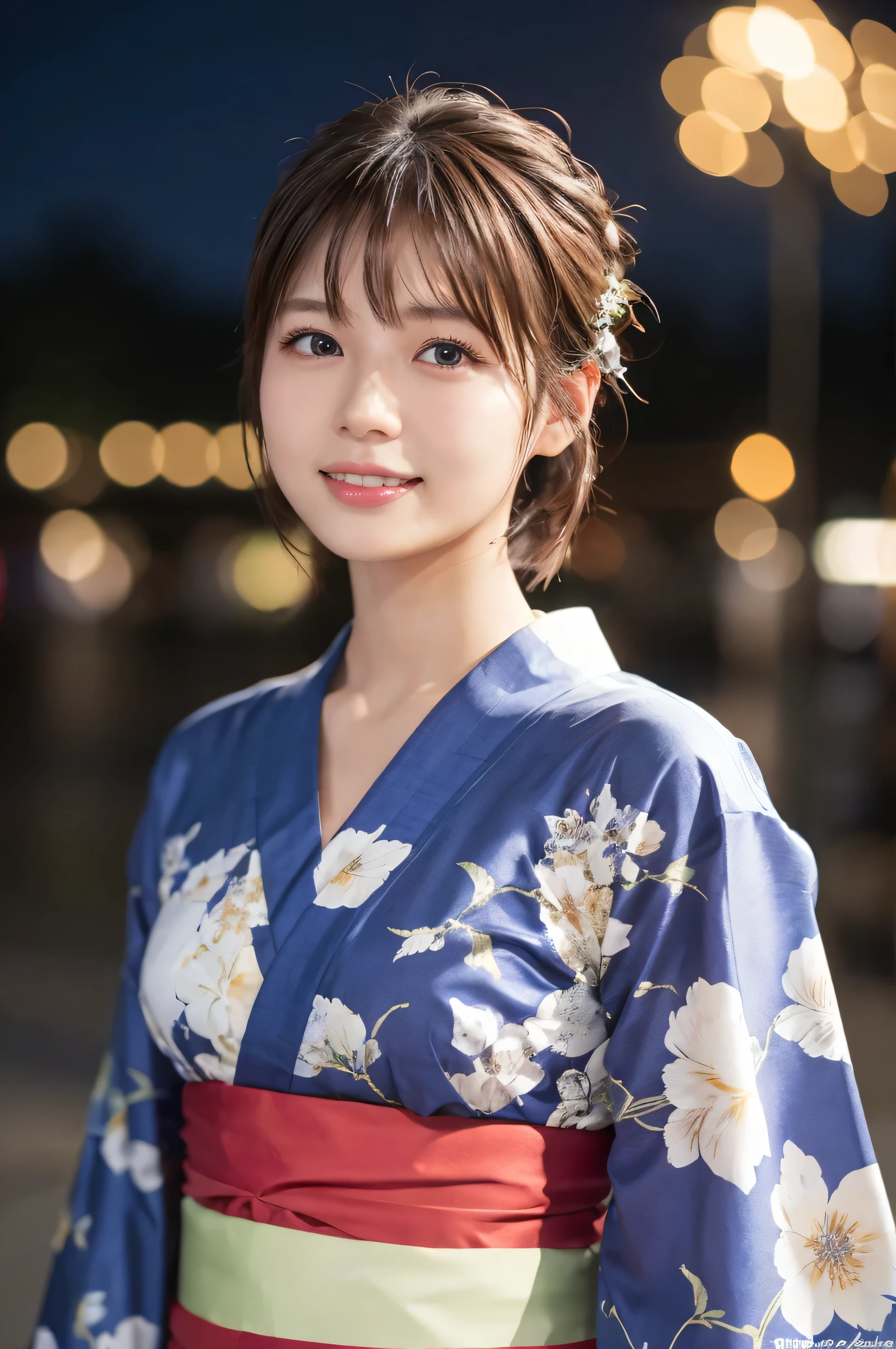 1 girl,I came to the Kyoto fireworks festival.、{{hair ornaments、There are fireworks in the background、Waist up shot、Drooling eyes、Droopy eyes、Hair tied up、Bun Hair}:1.4}、Snapshots at the night fireworks festival、 {{Very clear and delicate blue eyes}}、(Japanese Kimono、A traditional Japanese yukata from the Showa period, typically in navy blue with floral patterns :1.2), (RAW Photos, highest qualそれy), (Realistic, Realistic:1.4), Tabletop, Very delicate and beautiful, Very detailed, 2k wallpaper, wonderful, finely, Very detailed CG Unlimited 8K wallpaper, Very detailed, High resolution, Soft Light, Beautiful detailed girl, Very detailed目と顔, Beautiful and sophisticated nose, Finely beautiful eyes, Cinema Lighting, Perfect Anatomy, Slender body, Was nervous,
short hair, bangs, Looking at the audience, smile