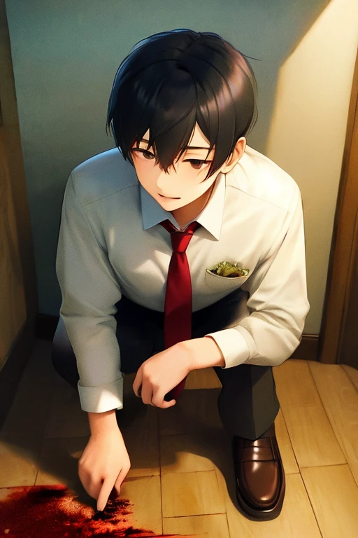 score_9, score_8_wonderful, score_7_wonderful, sauce_anime , STAR,Kirito, Male Focus,Black Hair,Part 1: , 1 male,Black trousers,School corridor,Red tie,White shirt,Get on all fours and place your hands on the floor,penis,smile,Pulling on a lead collar,Semen in dog food bowl