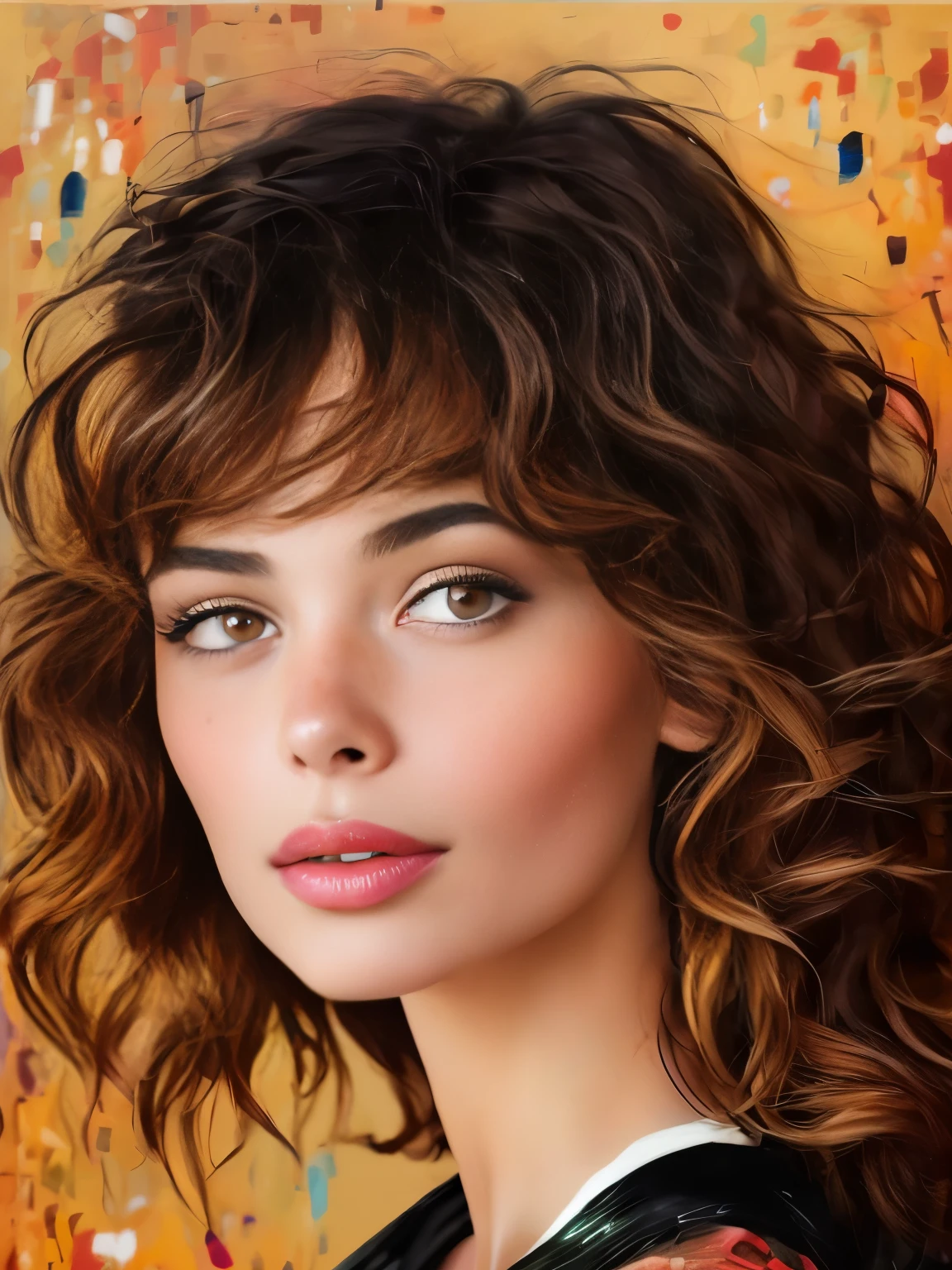 A girl with beautiful brown eyes and black wavy hair, wearing belviso style, is the main subject in this portrait. She has a warm smile on her lips and freckles on her face, giving her a youthful and charming appearance. The artwork aims to be realistic and detailed, capturing every intricate feature of the girl's face. The focus is on her expressive eyes and lips, which are both extremely detailed and captivating. The girl is depicted alone, looking directly at the viewer, creating a sense of intimacy and connection. The overall image quality is of the highest standard, with a resolution of 4k or 8k, showcasing the artwork as a masterpiece. The lighting is carefully designed to highlight the girl's features and complement the composition. The color tone is vibrant and vivid, adding to the overall aesthetic appeal. This portrait combines elements of both classic and modern art styles, resulting in a captivating and memorable artwork.
