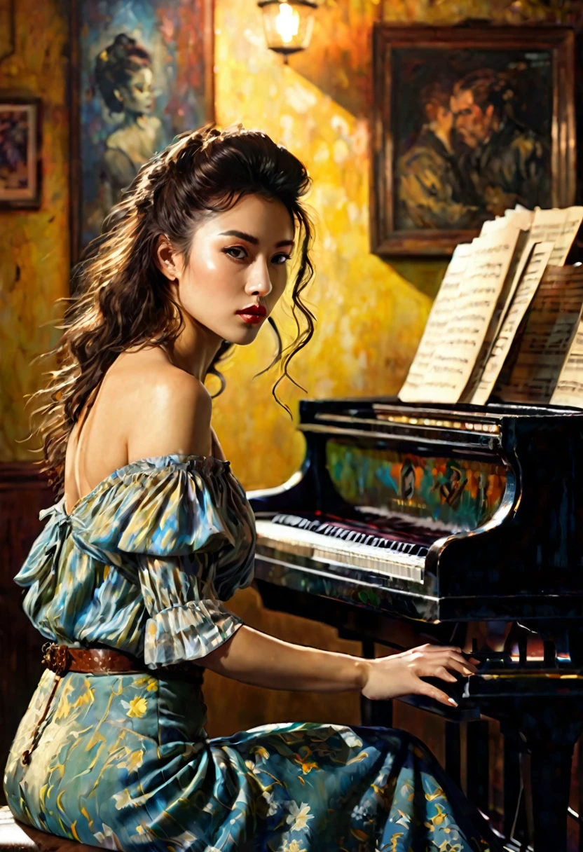ung woman、Playing the piano、serious Face、Pianist、Deep shadows、Oil painting style、Jazz bar background、 Dramatic Lighting, Extremely true, 8k, Crazy details, Wheels within wheels, Bokeh, Shot with a 60mm lens, ISO 300, F/4, 1/200th, Bright colors, Pino Deheny, Vincent Van Gogh, Luis Royo, Frank Frazetta
