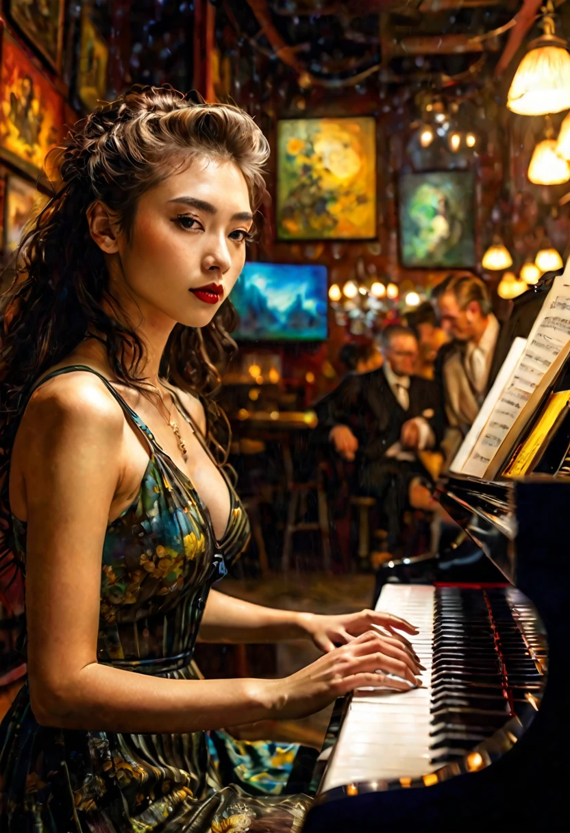 ung woman、Playing the piano、serious Face、Pianist、Deep shadows、Oil painting style、Jazz bar background、 Dramatic Lighting, Extremely true, 8k, Crazy details, Wheels within wheels, Bokeh, Shot with a 60mm lens, ISO 300, F/4, 1/200th, Bright colors, Pino Deheny, Vincent Van Gogh, Luis Royo, Frank Frazetta