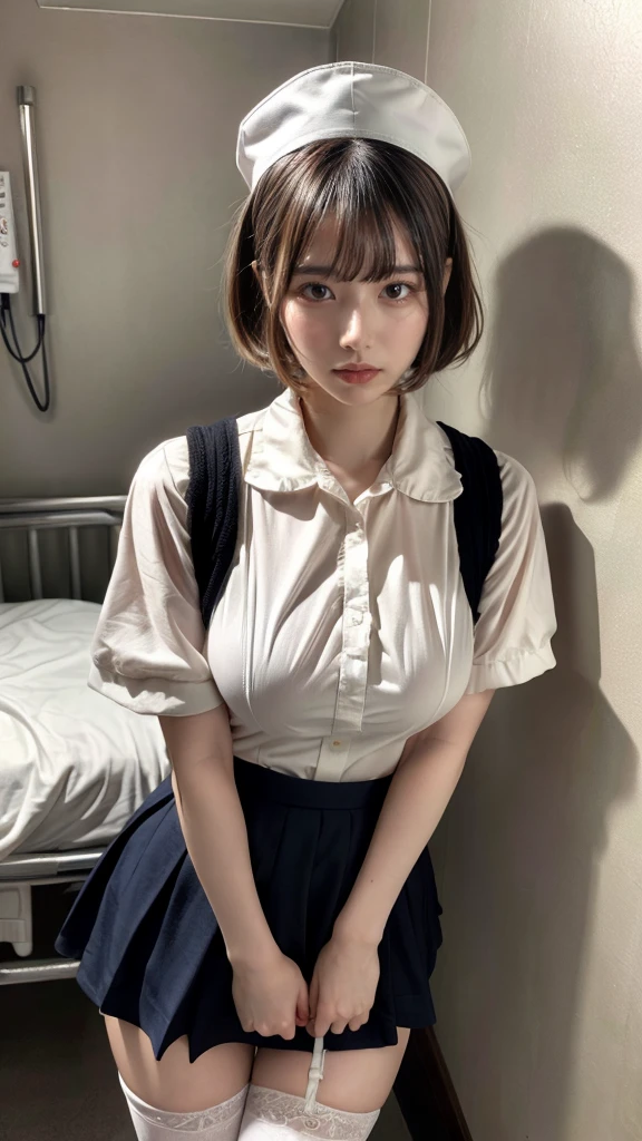 muste piece, best quality, illustration, Super detailed, fine details, High resolution, 8K,wall paper, perfect dynamic composition,(Details High quality, realistic depiction of eyes:1.3), Hospital Rooms、White nurse cap、White tights、White nurse uniform、to stand、Hand skirt、Flipping up a white skirt, large breasts,short bob hair, black hair color, Big Natural Color Lip, bold sexy pose, crying a little、cold gaze, Harajuku style、20 year old girl、cute type、lolita、beautiful legs, hposing Gravure Idol