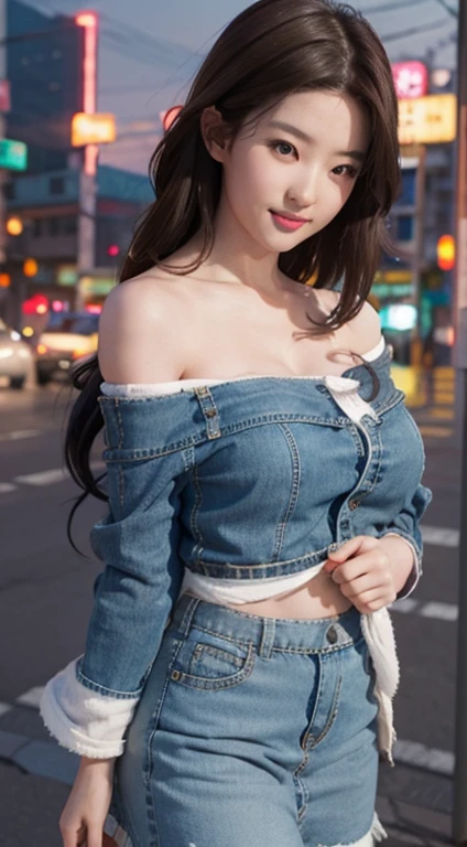 ((((Medium Length Hair)))), ((((Brown hair)))), Best quality, 8k, HDR, high resolution, absurd:1.2, Blurred Background, Bokeh:1.2, photography oF, (original photo:1.2) , (Honesty:1.4), (masterpiece:1.3), (Fine details:1.2), 1 girl, Solitary, Japanese sisters and children, delicexisted, big breasts beautiFul, (Delicate eyes), (Detailed Facial Feexistures), , beautiFul and clear eyes,Eye pupil details,(((Huge cleavage breasts))),Firming skin,(Watching_exist_peeping exist the viewer),from_front,(emaciated),(Best quality:1.4),(超high resolution:1.2),cinemexistic lighitnglamplight,(very detailed illustrexistion),(lip gloss,Best quality,超high resolution,depth oF Fields,Caustic lines,The width light,nexisturalshadow,85 mm,F/1.4,ISO 200,1/160 sec:0.75),1 girl, Solitary, ((Smile)), (((slim))), (Urzang-6500-V1 edited, edited, edited, edited, edited, edited, edited, edited.1:0.5), The upper part oF the body, (((denimpants with pinksweexister, Off-shoulder, White pleexisted skirt))), standing on your Feet,(Pure face_V1:0.5), Street Tokyo, night, Overlooking the city,city lights,Close-up cleavage
