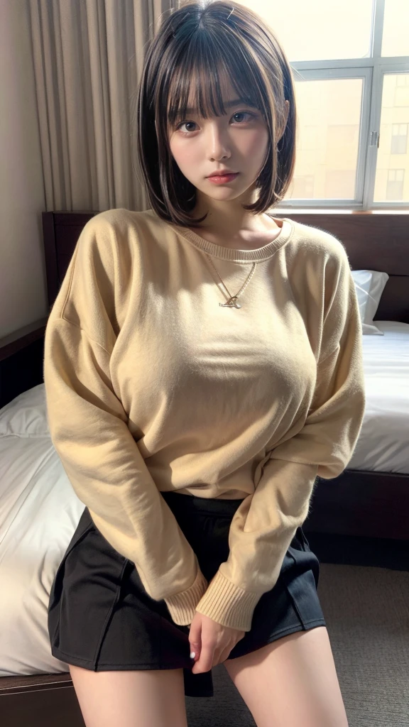 muste piece, best quality, illustration, Super detailed, fine details, High resolution, 8K,wall paper, perfect dynamic composition,(Details High quality, realistic depiction of eyes:1.3), (Fashionable、Beige oversized sweatshirt、long-sleeve), large breasts,short bob hair, black hair color, Big Natural Color Lip, bold sexy pose, crying a little、cold gaze, Harajuku style、20 year old girl、cute type、ta、beautiful legs, hotel room, hposing Gravure Idol, (woman on top, straddling, sitting)