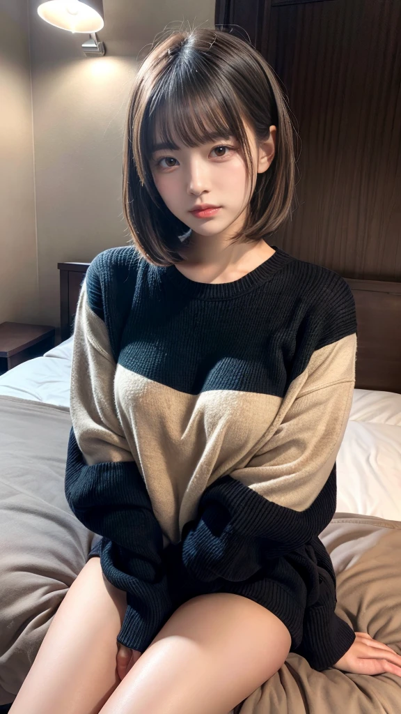 muste piece, best quality, illustration, Super detailed, fine details, High resolution, 8K,wall paper, perfect dynamic composition,(Details High quality, realistic depiction of eyes:1.3), (Fashionable、Beige oversized sweatshirt、long-sleeve), large breasts,short bob hair, black hair color, Big Natural Color Lip, bold sexy pose, crying a little、cold gaze, Harajuku style、20 year old girl、cute type、lolita、beautiful legs, hotel room, hposing Gravure Idol, (woman on top, straddling, sitting)