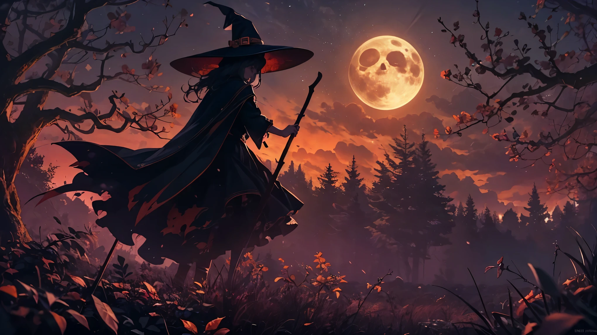 (best quality,4k,8k,highres,masterpiece:1.2),ultra-detailed,(realistic,photorealistic,photo-realistic:1.37),a witch flying on a broom,pumpkins,moonlit night,dark and mysterious atmosphere,enchanted forest,bat silhouettes,vivid colors,hauntingly beautiful,wispy clouds,magical moonlight,ethereal glow,spellbinding,spooky ambiance,mystery in the air,enchanted broomstick,fascinating witch's hat,branches reaching out,pure black silhouette,luminous moon shining through the clouds,whimsical and enchanting,haunted Halloween night,witch's cackle heard in the distance,glowing eyes of animals in the dark,branches intertwined like fingers,endless darkness beyond the trees,mesmerizing and mystical,witch's cloak billowing in the wind,shadowy figures lurking in the shadows.