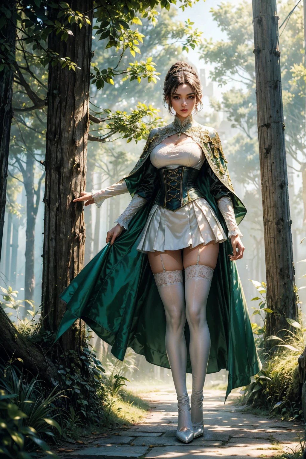 A Victorian romanticism scene with a woman in stockings and heels, featuring lush landscapes and detailed costumes. Ultra Realistic, vibrant colors, 8k