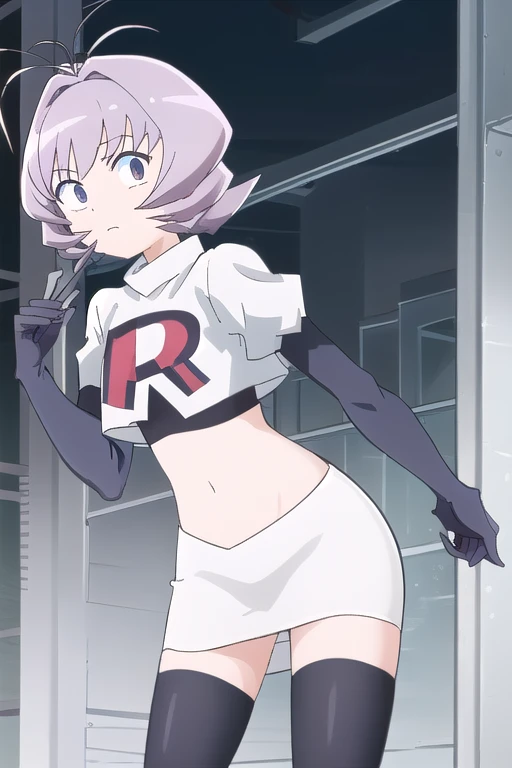 masterpiece, absurdres,male focus, trap, crossdressing,1boy,ON, solo, looking at viewer, team rocket,team rocket uniform,white skirt,red letter R,crop top,black thigh-highs,black elbow gloves, , perfect quality, good quality, masterpiece, HDR, UHD