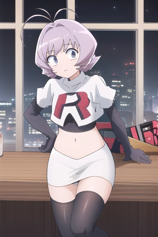 masterpiece, absurdres,male focus, trap, crossdressing,1boy,ON, solo, looking at viewer, team rocket,team rocket uniform,white skirt,red letter R,crop top,black thigh-highs,black elbow gloves, , perfect quality, good quality, masterpiece, HDR, UHD