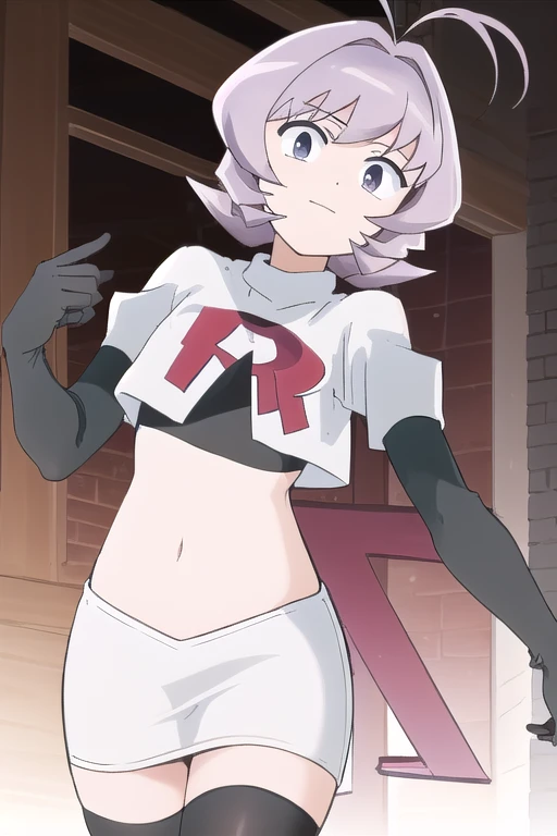masterpiece, absurdres,male focus, trap, crossdressing,1boy,ON, solo, looking at viewer, team rocket,team rocket uniform,white skirt,red letter R,crop top,black thigh-highs,black elbow gloves, , perfect quality, good quality, masterpiece, HDR, UHD
